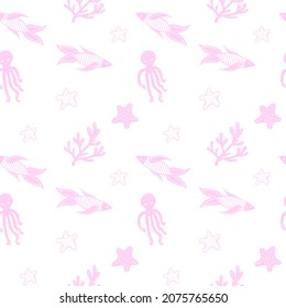 Marine life seamless pattern. Pink flat images of fish, octopuses and corals on a pink background.