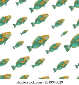 Marine life seamless pattern. Queen parrotfish. Underwater inhabitants. Ocean bottom nature geometrical background. Fabric graphic design in a modern cartoon style. vector repeating colorful texture