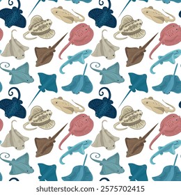 Marine life seamless pattern. Rays, fish. Vector set of cartoon sea life objects for your design.