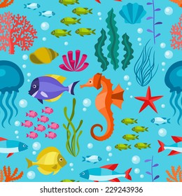 Marine life seamless pattern with sea animals.