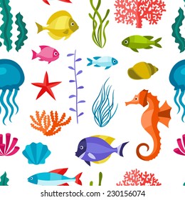 Marine life seamless pattern with sea animals.