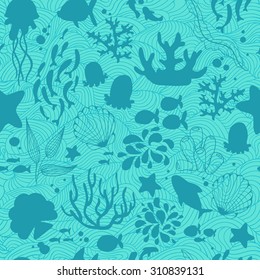 Marine life seamless pattern with sea animals.