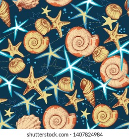 Marine life seamless pattern, seashells and starfish background