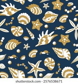 Marine life seamless pattern. Seashells and starfish in white and gold on blue background. Elegant summer marine background.