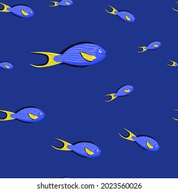 Marine life seamless pattern. Sohal surgeonfish. Underwater inhabitants. Ocean bottom nature geometrical background. Fabric graphic design in a modern cartoon style. Editable vector repeating  texture