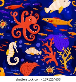 Marine life seamless pattern. Tropical fishes. Horsefish. Coral reef. Ocean bottom nature background. Fabric graphic design in a flat cartoon style. Editable vector texture in bright colors.