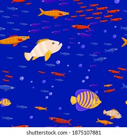 Marine life seamless pattern. Tropical fishes. Shoal of fish. Coral reef. Ocean bottom nature background. Fabric graphic design in a flat cartoon style. Editable vector texture in bright colors.
