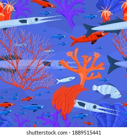 Marine life seamless pattern. Tropical fish. Different corals. Coral reef. Ocean bottom nature background. Fabric graphic design in a flat cartoon style. Editable vector texture in bright colors
