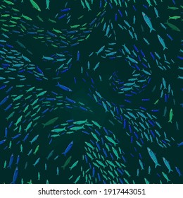 Marine life seamless pattern. Tropical fish shoal. Coral reef inhabitants. Ocean bottom nature background. Fabric graphic design in a flat cartoon style. Editable vector texture in bright colors