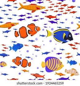 Marine life seamless pattern. Tropical fish. Different corals. Coral reef. Ocean bottom nature background. Fabric graphic design in a flat cartoon style. Editable vector texture in bright colors
