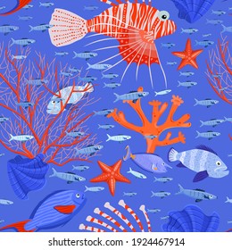 Marine life seamless pattern. Tropical fish. Different corals. Coral reef. Ocean bottom nature background. Fabric graphic design in a flat cartoon style. Editable vector texture in bright colors