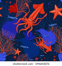 Marine life seamless pattern. Tropical fish. Different corals. Coral reef. Ocean bottom nature background. Fabric graphic design in a flat cartoon style. Editable vector texture in bright colors