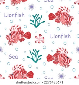 la vida marina es un patrón sin fisuras con peces tropicales, diferentes corales y algas marinas, fondo oceánico con peces leonfish, diseño gráfico de tela al estilo de las caricaturas planas