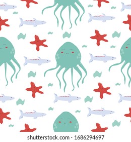 Marine life  seamless pattern vector illustration octopus, fish, starfish. Trendy flat style design seamless pattern stock vector illustration for wrapping paper, textile, wallpaper, textile