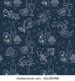 Marine life seamless vector pattern. Symbols of various seafood delicacies and wine.