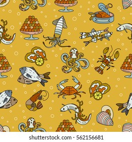 Marine life seamless vector pattern. Symbols of various seafood delicacies.