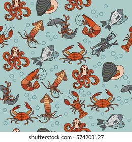 Marine life seamless vector pattern. Symbols of various seafood delicacies.