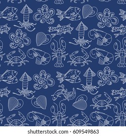 Marine life seamless vector pattern. Symbols of various seafood delicacies.