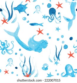 Marine life seamless watercolor background, vector. Eps 10.