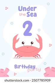 Marine life second birthday invitation. Cute under-the-sea card for children's party with red crab and pastel pink corals