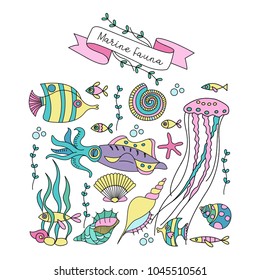 Marine life. Set of clipart. Fish, squid, jellyfish, algae, corals, starfish, shell. Vector illustration.
