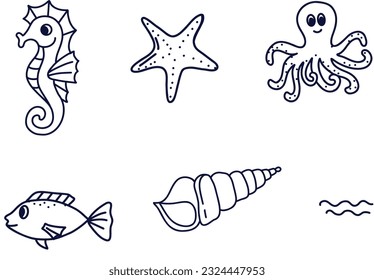 Marine life set in doodle line style. Sea animals