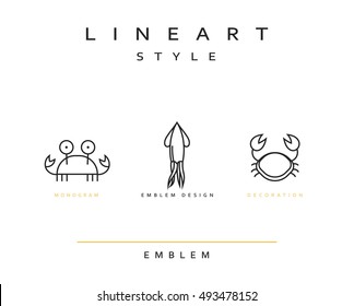 Marine life set emblem in linear style. Seafood Elegant emblem design illustration. Marine life icon / Seafood logo decorations design element