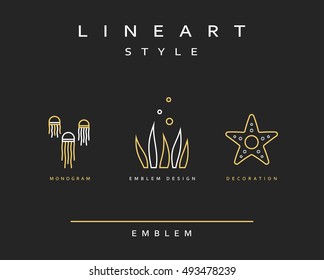Marine life set emblem in linear style. Seafood Elegant emblem design illustration. Marine life icon / Seafood logo decorations design element