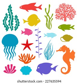 Marine life set of icons, objects and sea animals.