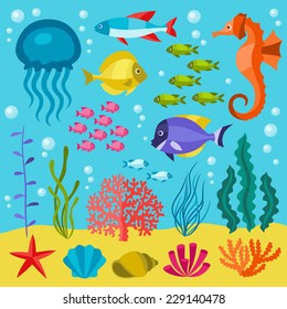 Marine life set of icons, objects and sea animals.