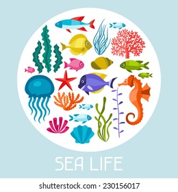 Marine life set of icons, objects and sea animals.