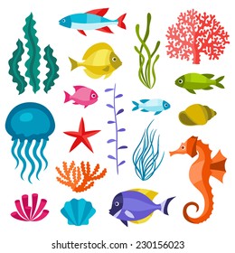 Marine life set of icons, objects and sea animals.