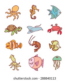 Marine life set icons, vector illustration.