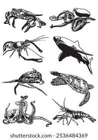 Marine life set isolated on white background,vector illustration	