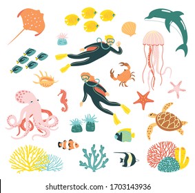 Marine life set. Male and female divers surrounded by a variety of sea animals, drawn in  cartoon style. Elements are isolated.