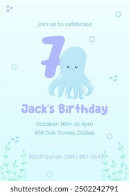 Marine life seventh birthday party invitation. Adorable under-the-sea card with a smiling blue octopus in pastel shades of blue and purple