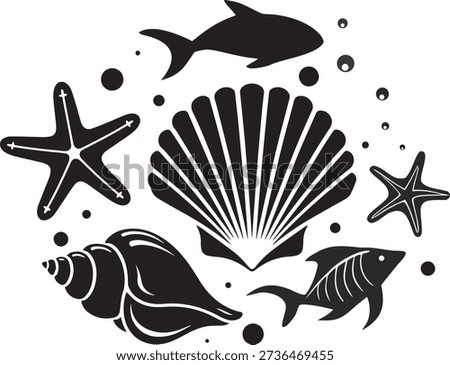 Marine life silhouette vector set including seashell, fish and starfish icons in black silhouette style. Ideal for beach branding, logos, tattoos, marine patterns, educational materials, posters, web graphics and print design projects.