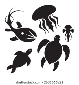 Marine Life Silhouettes - Sea Creatures Including Fish, Turtle, Jellyfish, and Squid