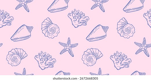 A vida marinha esboça um padrão sem emenda. Impressão costeira com coral desenhado à mão, estrela-do-mar, conchas marinhas Fundo rosa pastel para tecido, pano de fundo, têxtil, capa, papel de embrulho. 