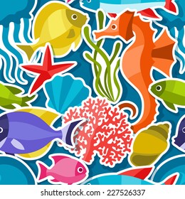 Marine life sticker seamless pattern with sea animals.