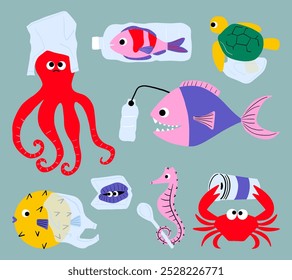 Marine Life Suffering from Plastic Pollution Set. A collection of marine creatures harmed by plastic pollution, highlighting the environmental crisis of ocean plastic waste