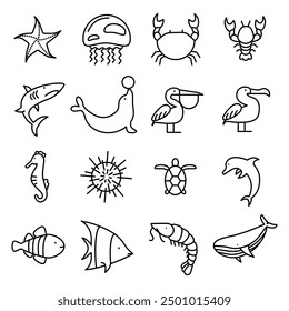 Marine Life Thin Line Icons - Editierbarer Strich. Sea Life und Ocean Tiere, Vektorsymbole