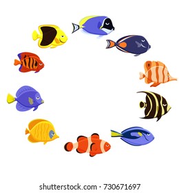 Marine life tropical colorful fish set illustration in cartoon. Aquarium draft vector design. Purple sailfin tang, Moorish idol, clown, Achilles, Pouder blue, French angelfish