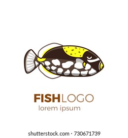 Marine life tropical colorful fish set illustration in cartoon. Aquarium draft vector design.  clown triggerfish logo