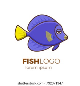 Marine life tropical colorful fish set illustration in cartoon. Aquarium draft vector design.  Purple sailfin tang logo

