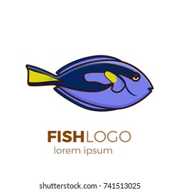 Marine life tropical colorful fish set illustration in cartoon. Aquarium draft vector design.  regal tang logo