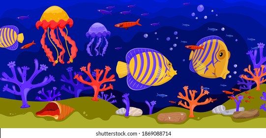 Marine life. Tropical fishes. Angel fish. Coral reef. Ocean bottom nature background. Horizontal graphic design in a flat cartoon style. Editable vector illustration in bright colors.