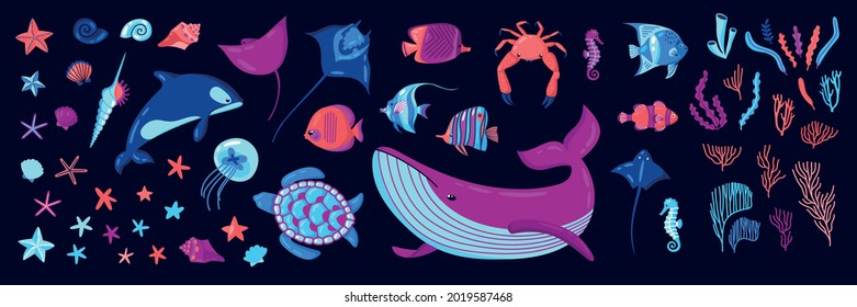 Marine life under water on a dark background world ocean day color set flat vector illustration