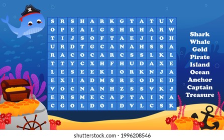 Marine life, undersea animal, children riddle in cartoon style, word search game with cute pirate character and treasure