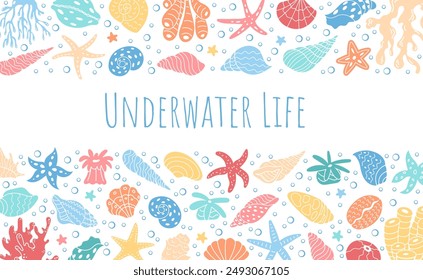 Marine life underwater background with colorful corals and sea creatures. Ocean scene illustrates the diverse life forms of the reef, showcasing vibrant colors and water elements.